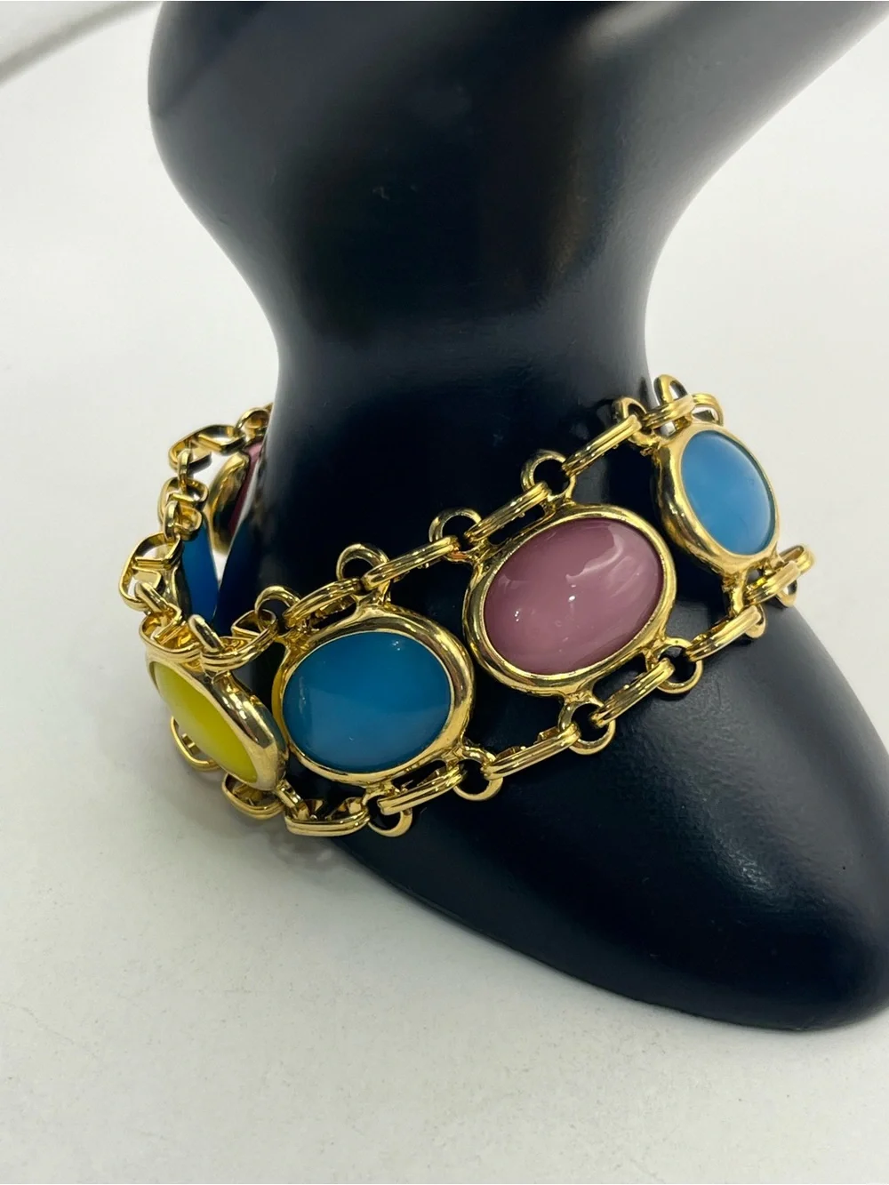 Pale Pink, blue, yellow oval cabochon gold tone vintage chain bracelet